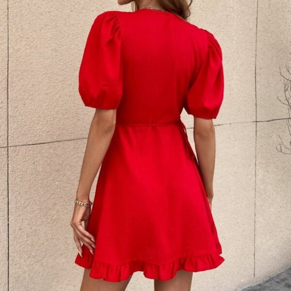 RED Ruffle Trim Wrap Surplice Front  Puff Sleeve  Dress - Picture 5 of 10